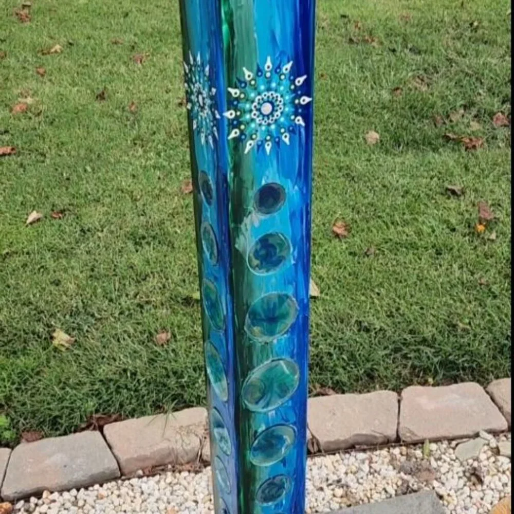 Garden Peace Pole Hand Painted w/ Solar Light Cap & Wire Stand Lighted Blue